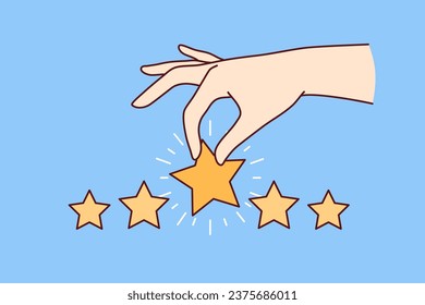 Hand with stars is metaphor for feedback from customer positively evaluating service and giving rating 5. High user satisfaction rating after ordering online in restaurant or taking taxi ride