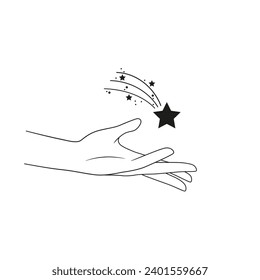 Hand and stars. Outline minimalist vector illustration isolated on white background