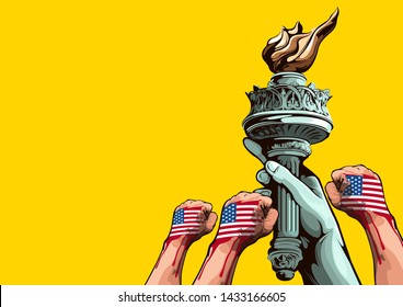 Hand of the Statue of Liberty, independence day, comic book cover template on yellow background, flyer brochure speech bubbles, doodle art, Vector illustration.