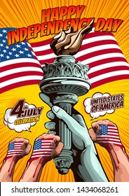 Hand of the Statue of Liberty, independence day, comic book cover template on yellow background, flyer brochure speech bubbles, doodle art, Vector illustration.