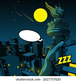 Hand of the Statue of Liberty, independence day, Night City Background, Comic background, illustration of buildings.