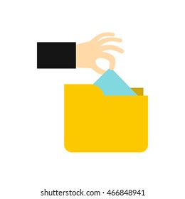 Hand stealing e-mail icon in flat style isolated on white background. Hacking symbol