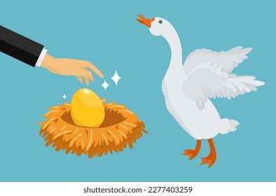 Hand, die ein goldenes Ei aus einer weißen Gans stahl