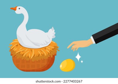 hand stealing a golden egg from a white goose