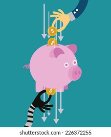 Hand stealing money from piggy bank. flat design. vector illustration