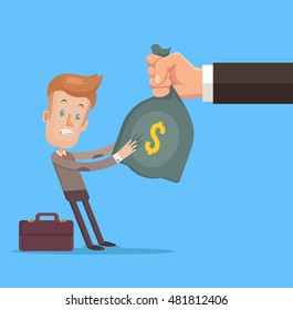 Hand Stealing Money From Worker Character. Vector Flat Cartoon Illustration