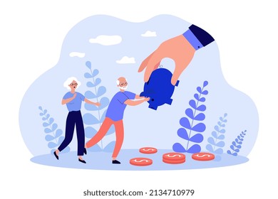 Hand stealing piggy bank with money from senior citizens. Bank taking savings of old tiny man and woman flat vector illustration. Crisis, pension concept for banner, website design or landing web page