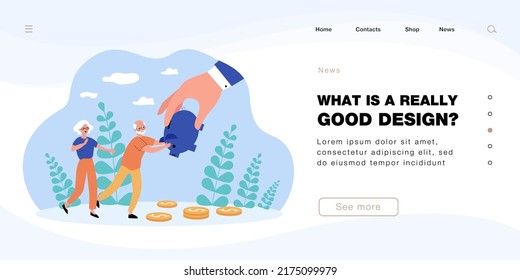 Hand stealing piggy bank with money from senior citizens. Bank taking savings of old tiny man and woman flat vector illustration. Crisis, pension concept for banner, website design or landing web page