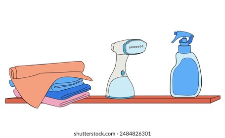 hand steamer, clean laundry and detergent on the shelf	