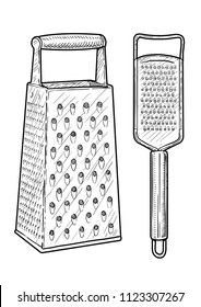 Hand steel grater illustration, drawing, engraving, ink, line art, vector
