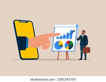 Hand stepping out of the mobile phone screen presenting graph and chart on board in the meeting. Economic research, financial data analysis report. Vector illustration