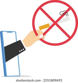Hand stepping out of the mobile phone screen holding sign no smoking. Vector illustration

