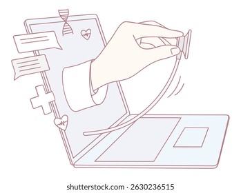 A hand with a stethoscope is coming from a laptop, symbolizing the rise of telemedicine and digital health