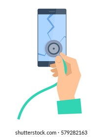 The hand with stethoscope examing broken smartphone. Phone repair flat concept illustration. Human hand holds a phonendoscope and checks cellphone screen. Vector design element for web, infographic.