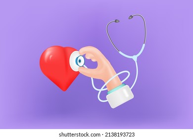 A hand with a stethoscope listens to a 3d heart, vector.