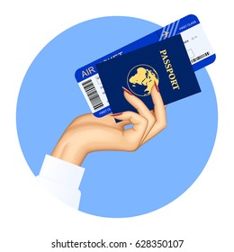 Hand of stewardess with passport and air ticket on round blue background. Vector illustration