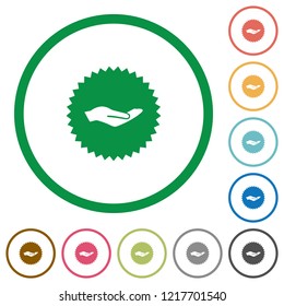 Hand in sticker flat color icons in round outlines on white background