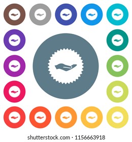 Hand in sticker flat white icons on round color backgrounds. 17 background color variations are included.