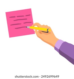 Hand and sticker. Sticky note. Realistic reminder on adhesive tapes. Writing memos on sheet of paper. Vector colorful illustration of notepaper page