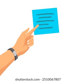 Mão e adesivo. Nota adesiva. Lembrete realista em fitas adesivas. Memorandos de escrita em folha de papel. Ilustração colorida vetorial da página de papel de carta