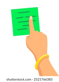 Mano y pegatina. Nota adhesiva. Recordatorio realista en cintas adhesivas. Escribir notas en una hoja de papel. Vector ilustración colorida de la página de papel de notas