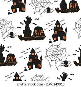 Hand sticking out from under the grave, zombie, spider on the web, damn old house, pattern