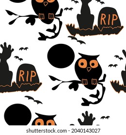 Hand sticking out from under the grave, zombie, owl with huge eyes sitting on a branch, pattern