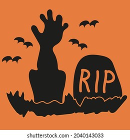 Hand sticking out from under the grave, zombie, orange background