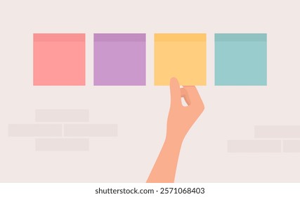 Hand sticking or peeling off a colored note from the wall. Flat vector illustration