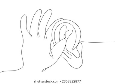 The hand sticks out the ear. The person is trying to hear the sound. The ear does not perceive sounds. Lack of hearing. International Day of Sign Languages. International Week of the Deaf. 