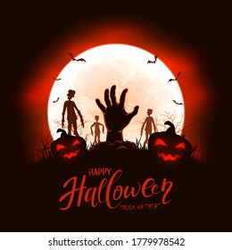 Hand sticks out of ground in cemetery. Black and red night background with pumpkins, zombie, bats and spiders. Illustration can be used for children's, holiday design, cards, invitations and banner