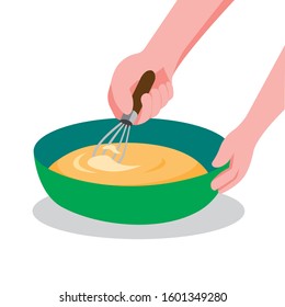 hand stirring dough in bowl, cooking process cartoon flat illustration vector