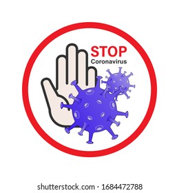 Hand stop coronavirus cells symbol. Vector illustration outline flat design style.