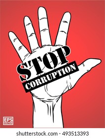 hand stop corruption sign in red isolated background