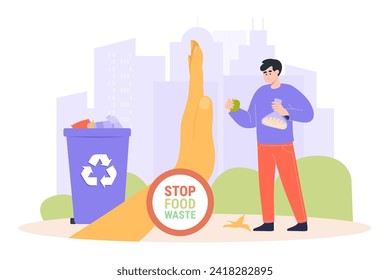 Hand with stop gesture forbidding man to throw food away vector illustration. Recycling bin with food waste. Avoiding food waste, sustainable lifestyleconcept