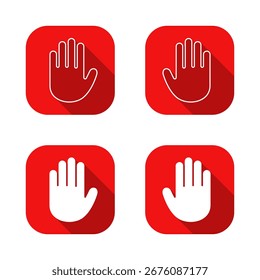 Handstopsymbol mit langem Schatten. Symbol für erhöhte Palmenwarnung in rotem Quadrat. Denial-Geste-Konzept
