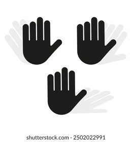 Hand stop icon. Three hand symbols. Vector warning sign. Black hand silhouettes.