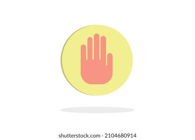 Hand, stop, icon in yellow circle with shadow below, white background and vector size illustration.