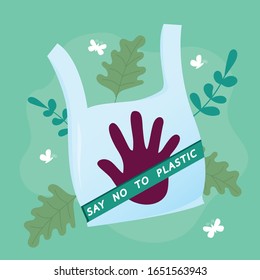 Hand stop logo on Plastic bag on natural background,Say no to plastic bags,pollution problems concept.