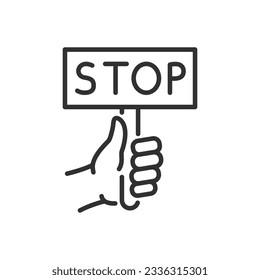 Hand with a stop sign, linear icon. Line with editable stroke