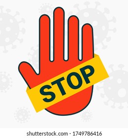 A hand with a STOP sign. Red hand with a yellow stripe. Avoid the coronavirus. Banner for social networks.