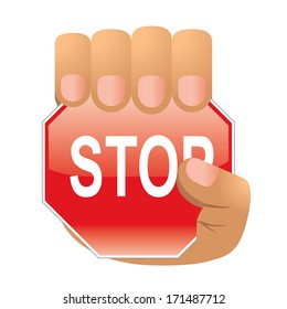a hand and stop warning symbol in it