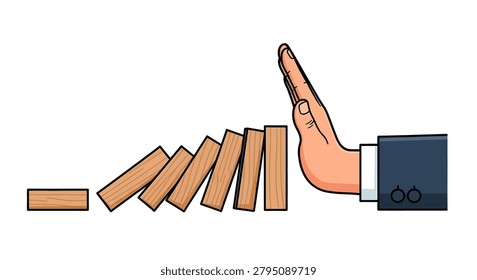 Hand stopping dominoes from falling down