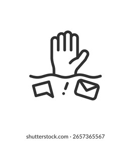 Hand stopping notifications, linear icon. Digital boundaries and message control. Line with editable stroke.