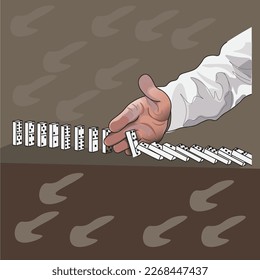 a hand is stopping the rate of falling dominoes

