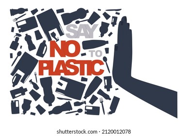Hand stops plastic trash. Say no to plastic call. Eco banner. Flat vector illustration.