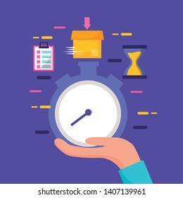 hand with stopwatch box time fast delivery business vector illustration