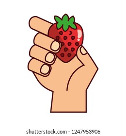 hand with strawberry on white background