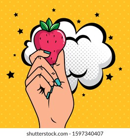 hand with strawberry pop art style vector illustration design