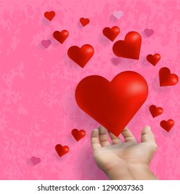Hand stretch out and giving red heart floating on pink background, giving love concept for valentine. vector illustration.